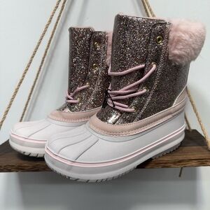Sparkly Pink Rain and Snow Boots with Fuzzy Pom-Pom